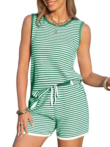 EXLURA Women's Sleeveless Sweater Set 2 Piece Outfits Striped Crewneck Knit Tank Tops and Shorts Summer Sporty Lounge Sets - Image 1