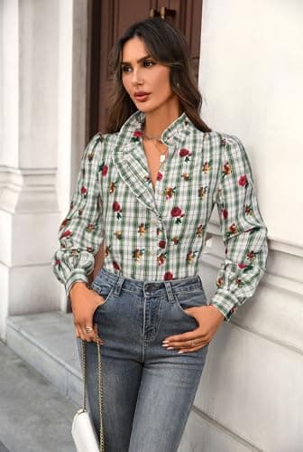 LOOKBOHO Women's Spring Blouse 2026 - Ruffle Collar Button Down Tops Dressy Elegant Plaid Retro Shirts for Casual, Office, Work, Everyday Wear Green Gingham Large - Thumbnail 4