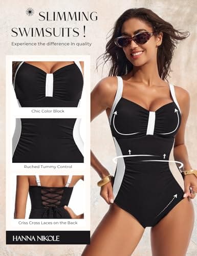 Hanna Nikole V Neck Shapewear Bathing Suit for Women Modest Lace Up Swimsuits for Woman 2026 Black White XX-Large - Thumbnail 3