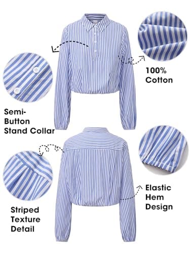 EXLURA Women's 100% Cotton Long Sleeve Crop Tops Summer Striped Collared Button V Neck Pullover Shirt Elastic Hem Y2K Blouse Blue - Thumbnail 6