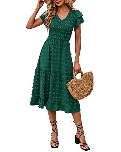 BTFBM Women Casual Summer Short Ruffles Tiered Sleeve Smocked Midi Dresses Bohemian Floral V Neck Wedding Guest Long Dresses（Solid Dark Green,XX-Large - Image 1