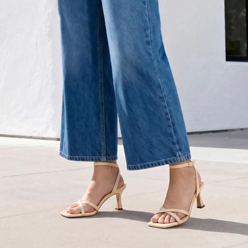 Athlefit Nude Kitten Heels for Women Strappy Square Open Toe Heeled Sandals Ankle Strap Summer Dressy High Heels for Prom Party Wedding Size 8 - Thumbnail 3