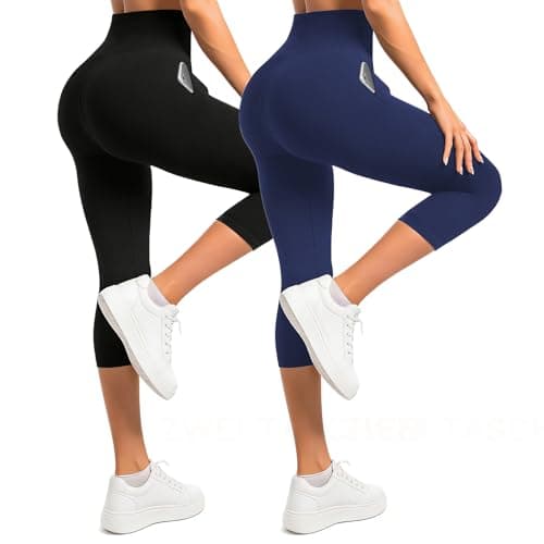 Ipletix Capri Leggings with Pockets for Women-2 Packs High Waisted Buttery Soft Opaque Yoga Pants for Gym Workout Black/Navy LXL - Image 1