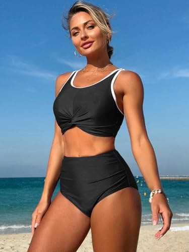 ZAFUL Tummy Control Swimsuit for Women 2025 Modest Bikini Sets Twist Knot Ruched Two Piece Bathing Suit Push Up Full Coverage Bikini Top with High Waisted Bikini Bottoms Sporty Swimwear Black M - Thumbnail 3