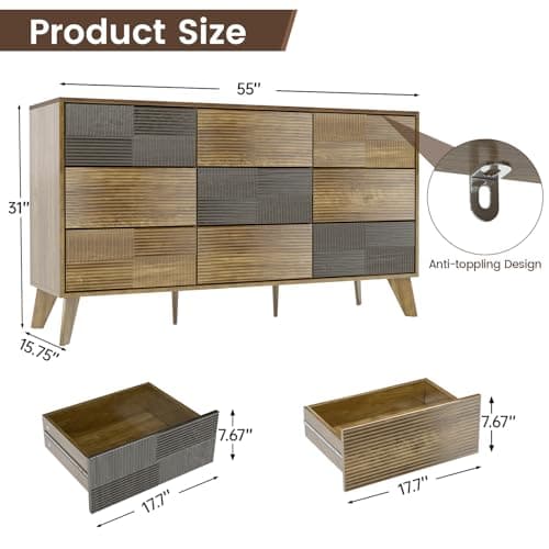 Hadulcet Wooden Dresser for Bedroom, 55” Wide Mid Century Modern Fluted 9 Drawers Dresser Storage Clothes for Closet Organizer, Handleless Design, Push to Open, Dark Wood - Thumbnail 2