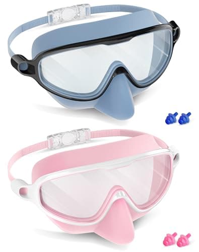 Aegend Kids Swim Goggles 2 Pack, Wide View Anti Fog&UV Swimming Goggles with Nose Cover Swim Pool Glasses for Kids 3-14 - Image 1