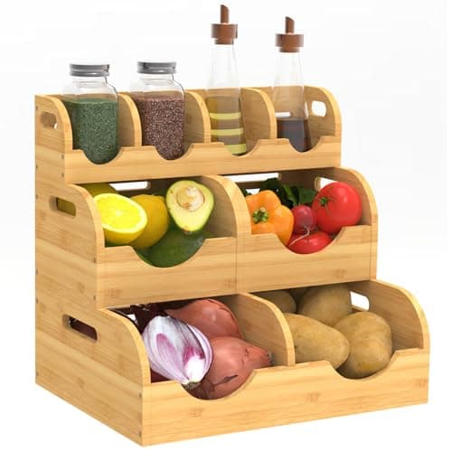 Upgraded 3 Tier Bamboo Pantry Storage Bins, Stackable Potato and Onion Storage Bin with Airflow Vent, Potato Storage, Pantry Baskets, Vegetable Storage, for Kitchen Countertop, Cabinet, Living Room - Image 1