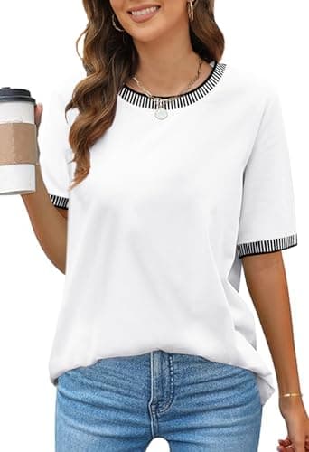 MEROKEETY Women's 2025 Short Sleeve Striped Color Block T Shirts Crewneck Loose Casual Tee Tops, White, S - Image 1