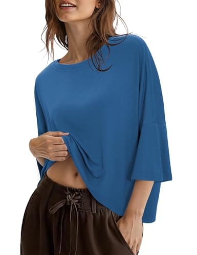 Totatuit Women Cropped T Shirts Cotton Elbow Sleeve Crew Neck Oversized Shirt Loose Fitting Gym T-Shirt Casual Plain Basic Summer Jersey Tee for Yoga Running Workout Blue Small - Image 1