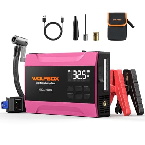 WOLFBOX 2000A Jump Starter with Air Compressor, 37Wh Car Battery Booster Jumper Starter Portable(up to 5L Gas Engine), 12V Jump Box Pack with 150PSI Tire Inflator, Jumper Cables, LED Light — Hot Pink