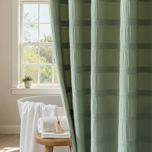 Lameirose Sage Green Shower Curtain Boho, Cotton Blend Waffle Shower Curtain Chic Textured Fabric Shower Curtains for Bathroom 72 x 72 Green - Image 1