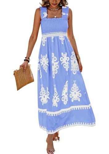 PRETTYGARDEN Womens Summer Boho Maxi Dress 2026 Casual Sleeveless Square Neck Floral Aline Smocked Beach Dresses with Pockets (Floral Sky Blue White,XX-Large) - Image 1