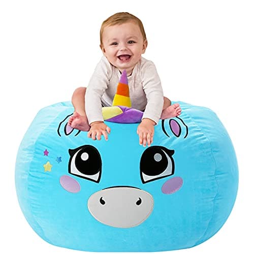 Aubliss Stuffed Animal Storage, Velvet Bean Bag Chairs Cover, Large 32" Ultra Soft Kids Toy Storage Organizer for Blankets Towels Clothes, Blue Big Eyes - Image 1