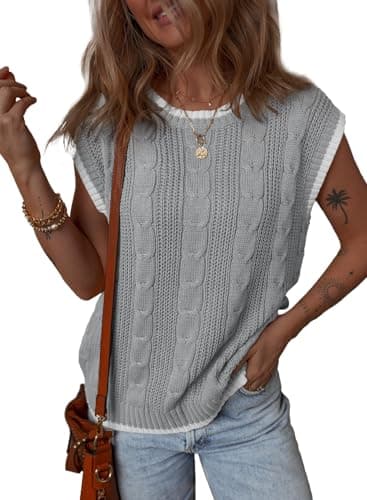 Dokotoo Cute Tops for Women Round Neck Cap Sleeve Color Block Cable Knit Plus Size Tops for Women Tank Top for Women Gray XX Large - Image 1