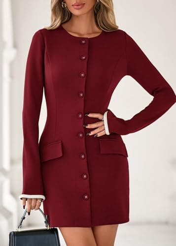 Lazysmile Women's Casual Dresses Long Sleeve Boat Neck Button Down Bodycon Mini Fall Party Club Cocktail Dresses for Women Wine Red - Thumbnail 3