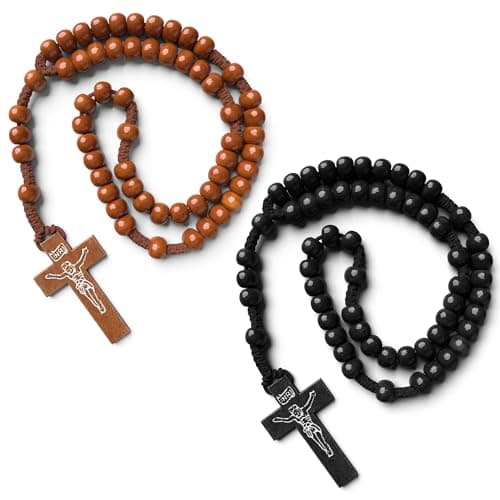 2 Pcs Small Wood Rosary Necklace – Wooden Cross Necklaces for Men and Women with Tan or Black Beads, 22" Length and 6" Drop – Lightweight Cross Accessory for Daily Wear, Layering, Prayer or Gifting - Image 1