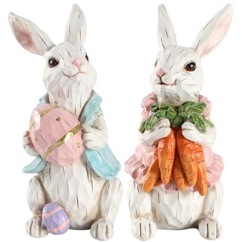 GoGnome Easter Bunny Figurines Set of 2 - Hand-Painted Resin Rabbit Decorations with Carrots and Easter Egg (White)