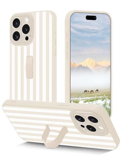 Aitipy Striped Phone Case Compatible with iPhone 15 Pro Max, with Finger Hand Strap Kickstand Shockproof Full Camera Protection Soft TPU Protective Cover for Women Girls, Beige Striped - Image 1
