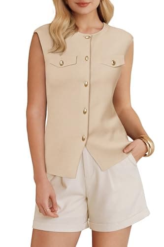 Arach&Cloz Womens 2026 Spring Fashion Cap Sleeve Button Down Crew Neck Sweater Vest Dressy Business Casual Tops Trendy Old Money Work Clothes Summer Sleeveless Blazers Outfits Apricot S