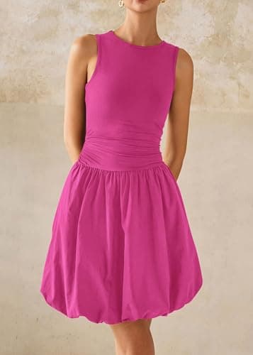 KIRUNDO Summer Bubble Dress for Women 2026 Casual Mini Spring Bodycon Cocktail Dresses Sleeveless Drop Waist Sundress Beach(Rose Red, Large) - Thumbnail 4