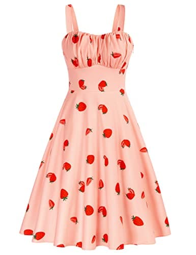 Belle Poque Womens Strawberry Dress 1950s Vintage Elegant Tea Party Dresses 2026 Summer Sleeveless Pink Midi Dress Small - Image 1