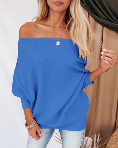 Zenlonr Women's Fall Sweaters 2026 Casual Long Batwing Sleeve Loose Off Shoulder Knit Pullovers Jumper Tops(Brilliant Blue,Medium) - Thumbnail 4