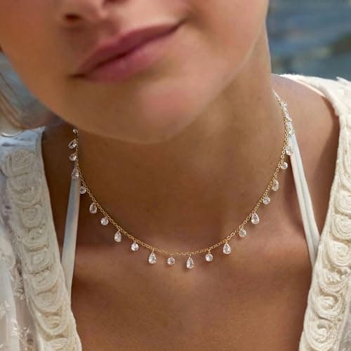 MTMY Gold Choker Necklace for Women 14K Gold Plated Cubic Zirconia Cross Heart Shell Teardrop Charm Station Choker Necklace Dainty CZ Chain Necklaces for Women Trendy Summer Jewelry Gifts(Drop) - Thumbnail 2