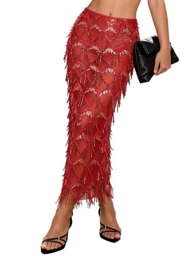Women's Sequin Fringe Midi Skirt - Sheer Mesh Sparkly Tassel Skirt with Side Slit, Elastic Waist Glitter Party Club (US, Alpha, X-Large, Regular, Regular, Red) - Image 1