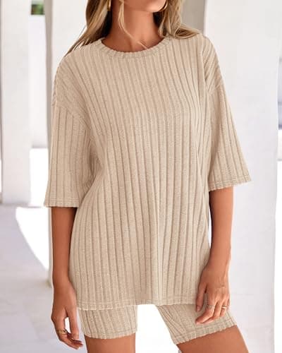 KIRUNDO Short Sets For Women Summer 2 Piece Matching Lounge Sets Casual Rib Knit Tshirts Biker Shorts Beach Vacation Outfits (Beige, Medium) - Thumbnail 3