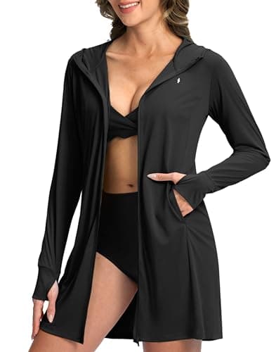 Soothfeel Women's UPF 50+ Swim Cover Up Sun Protection Hoodie SPF Lightweight Jacket Long Sleeve Beach Cover Ups for Women (Black,XL) - Image 1