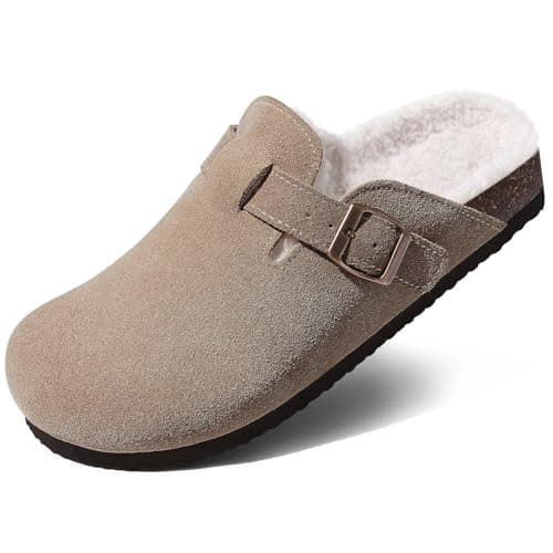 KIDMI Women's Fur Lined Suede Clogs Fuzzy Cork Footbed Mules Slip On Winter Potato Shoes, Taupe 44 (Size 12) - Image 1