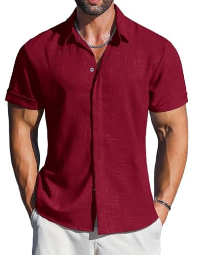 LETSEE Mens Summer Shirts Linen Casual Short Sleeve Button Down Dress Beach Hawaiian Shirt Summer Outfit, Wine Red, 3XL - Image 1