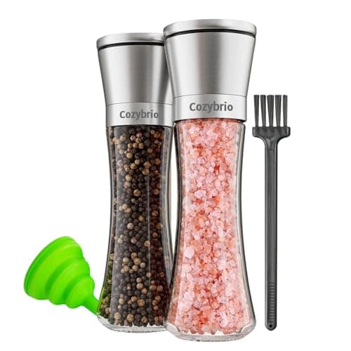 Premium Salt and Pepper Grinder Set of 2, Refillable Stainless Steel Spice Shakers with Adjustable Coarseness, Easy Clean Durable Ceramic Mills, Include Silicone Funnel & Cleaning Brush (7.5"H-2 Pack) - Image 1