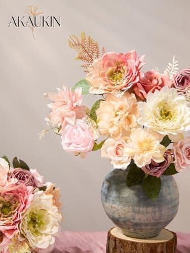 AKAUKIN Light Pink Artificial Flowers Combo, Fake Silk Dahlia Roses Bulk with Stems Box Mix for Wedding Bridal Bouquets, Baby Shower, Party, Table Centerpieces, Home Decor & DIY Floral Arrangements - Thumbnail 6