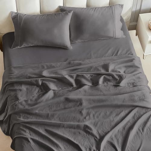 Tokokimo Washed Cotton-Linen Feel 4-Piece Queen Size Sheet Set for Busy Lifestyles – 10-16" Deep Pocket Bed Sheets with Natural Wrinkles, Quick-Dry, Breathable, Soft, Premium Polyester Gery - Thumbnail 3