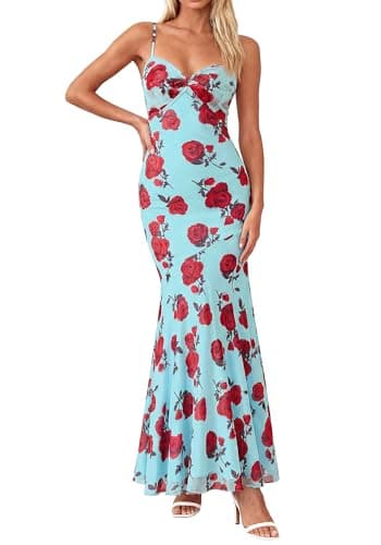 BTFBM Summer Dresses for Women 2026 Spaghetti Straps Sundress Twist Knot Mesh Mermaid Wedding Guest Dress Beach Vacation(Floral Blue Rose, X-Small) - Image 1