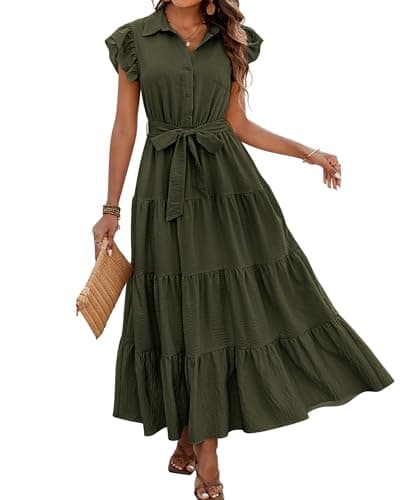 dowerme Women's Summer Casual Dresses 2026 Cap Ruffle Sleeve V Neck Button Belted Tiered Boho Maxi Dress with Pockets(Army Green,Medium) - Image 1