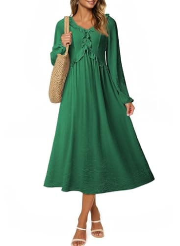 Dokotoo Dress Spring Wedding Guest Dresses for Women Boho Maxi Dress Italian Casual V Neck Long Sleeve Elegant Classy Plus Size Womens Clothing Teacher Clothes Dark Green - Image 1