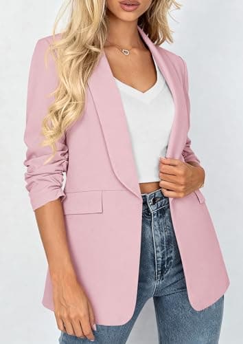 PRETTYGARDEN Women's 2026 Spring Blazers Business Casual Outfits Open Front Ruched 3/4 Sleeve Lightweight Work Suits Jackets (Pink,X-Small) - Thumbnail 3