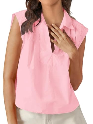 Tankaneo Womens Summer V Neck Tank Tops Collared Sleeveless Shirts Trendy Casual Loose Fit Blouse Pink - Image 1