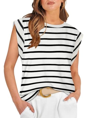 REORIA Womens Black and White Striped Shirt Summer Cap Sleeve Cotton Ladies Tank Tops 2025 Fashion Outfits Loose Fit Dressy Basic Tees White Striped Small - Image 1
