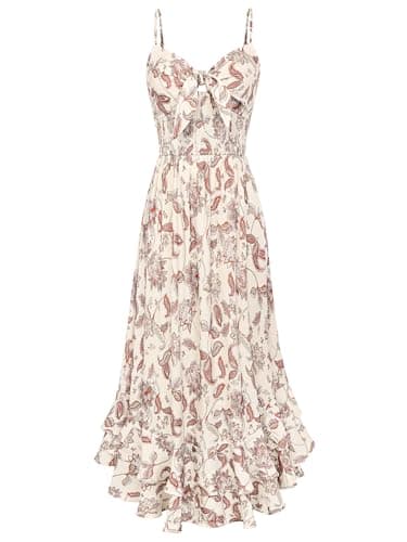 GRACE KARIN Womens Maxi Floral Sundresses Summer Beach Boho Dress Spaghetti Strap Dresses Casual Fashion Clothes with Pockets Beige Floral L - Image 1