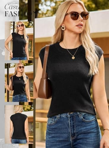 Dokotoo Early Spring Fashion Teacher Outfits for Women Casual Crewneck Sweater Vest Tops Lightweight Cap Sleeve Ribbed Knit Sweaters for Women Solid Loose Tank Tops Shirts Womens Clothes Black Small - Thumbnail 4
