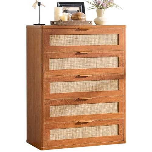 LEYAOYAO Dresser for Bedroom, 41" Tall Chest of Drawers, Modern 5 Drawers Boho Rattan Dressers with Storage, Dresser Wooden Closet Organizer for Living Room, Hallway, Tea Brown - Image 1