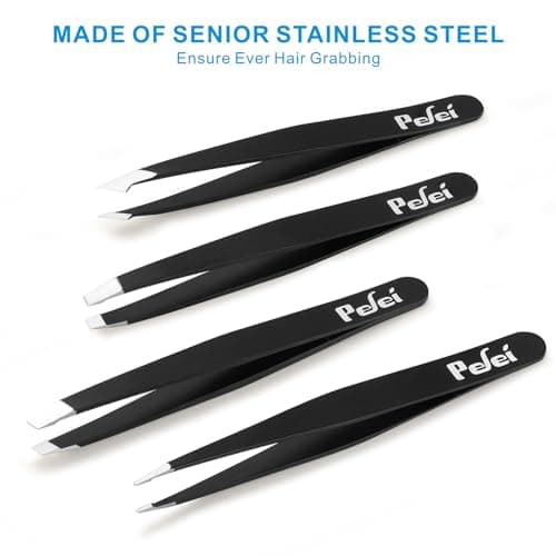 Pefei Tweezers Set - Professional Stainless Steel Tweezers for Eyebrows - Great Precision for Facial Hair, Splinter and Ingrown Hair Removal (Black) - Thumbnail 4