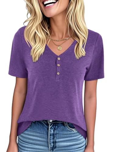 YOKGO Womens Summer Tops Short Sleeve Henley T Shirts V Neck Dressy Casual Blouses Vacation Fashion Clothes Dark Purple - Image 1