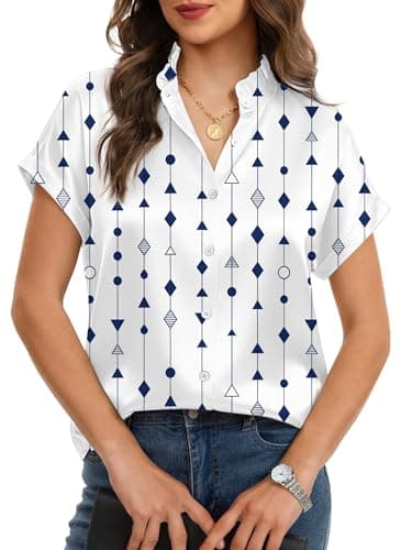 Funlingo Womens Tops Short Sleeve Button Down Shirts Dressy Casual Ruffle Collar Satin Silk Blouses 2026 Summer Fashion Clothes Geometric White 2XL - Thumbnail 2