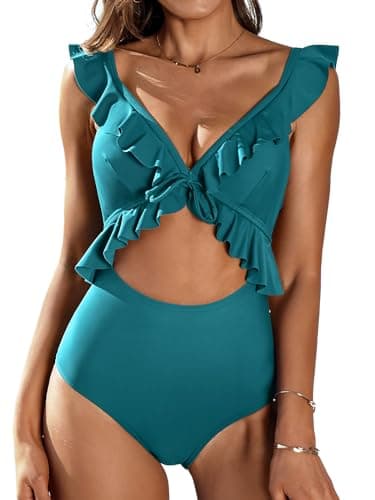 SOCIALA Womens Swimsuits Ruffled Cutout Modest Swimwear for Women Bathing Suits(Large,Green) - Image 1