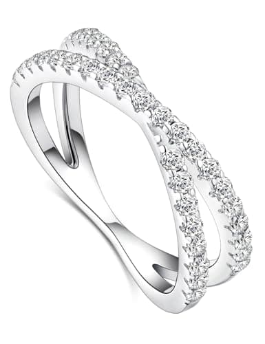 IMOLOVE Moissanite Wedding Band, Classic Criss Cross Ring, Sterling Silver, White Gold Plated, Size 10.5 - Image 1