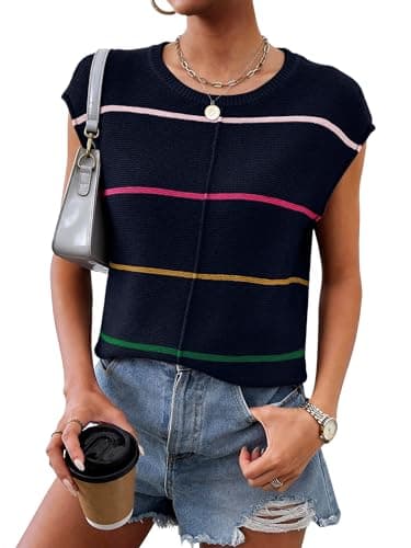 Bellcoco Womens Cap Sleeve Summer Tops Striped Sweater Vest Lightweight Casual Crewneck Loose Knit Pullover Tank Top Beach Vacation Outfits Navy Blue S - Image 1